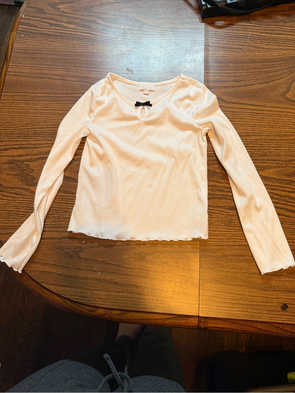 btween Cream Ribbed Long-Sleeve Top with Black Bow